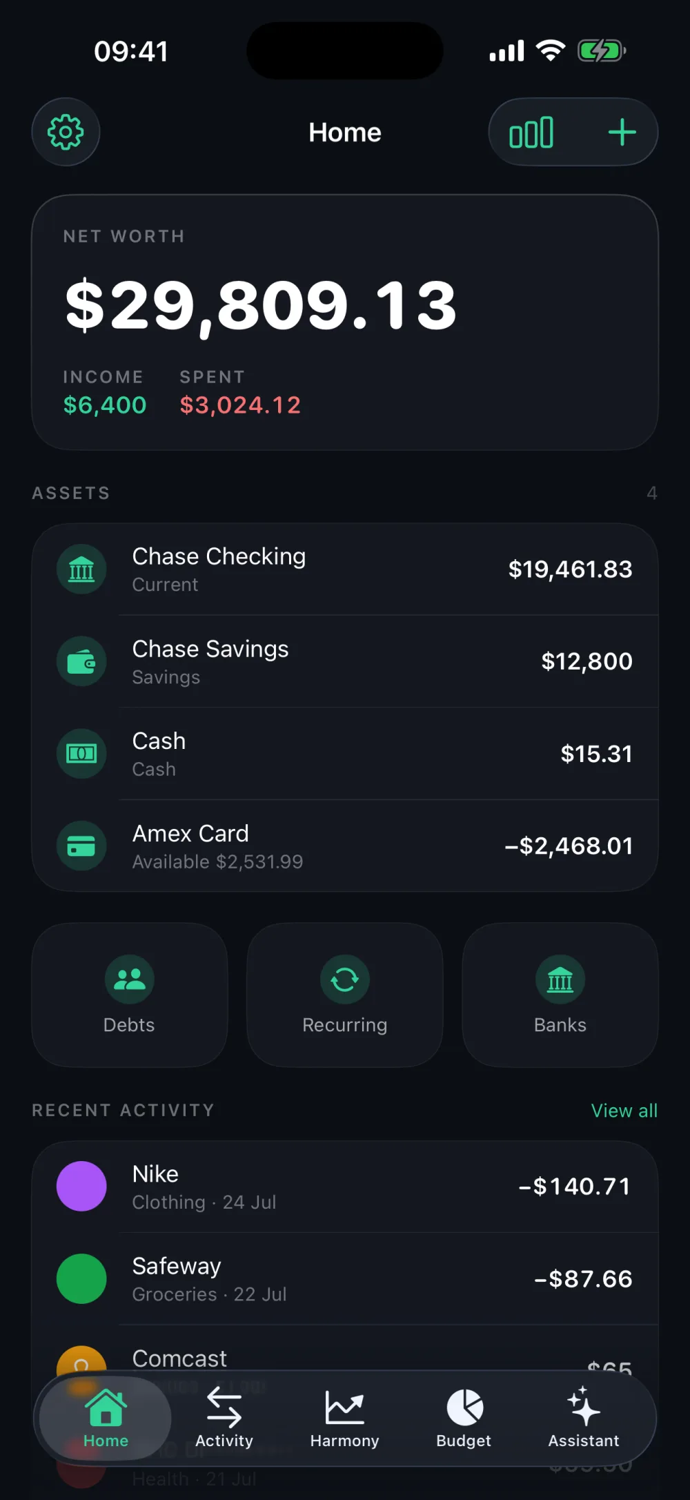 Elixir — Home: net worth, accounts and recent activity