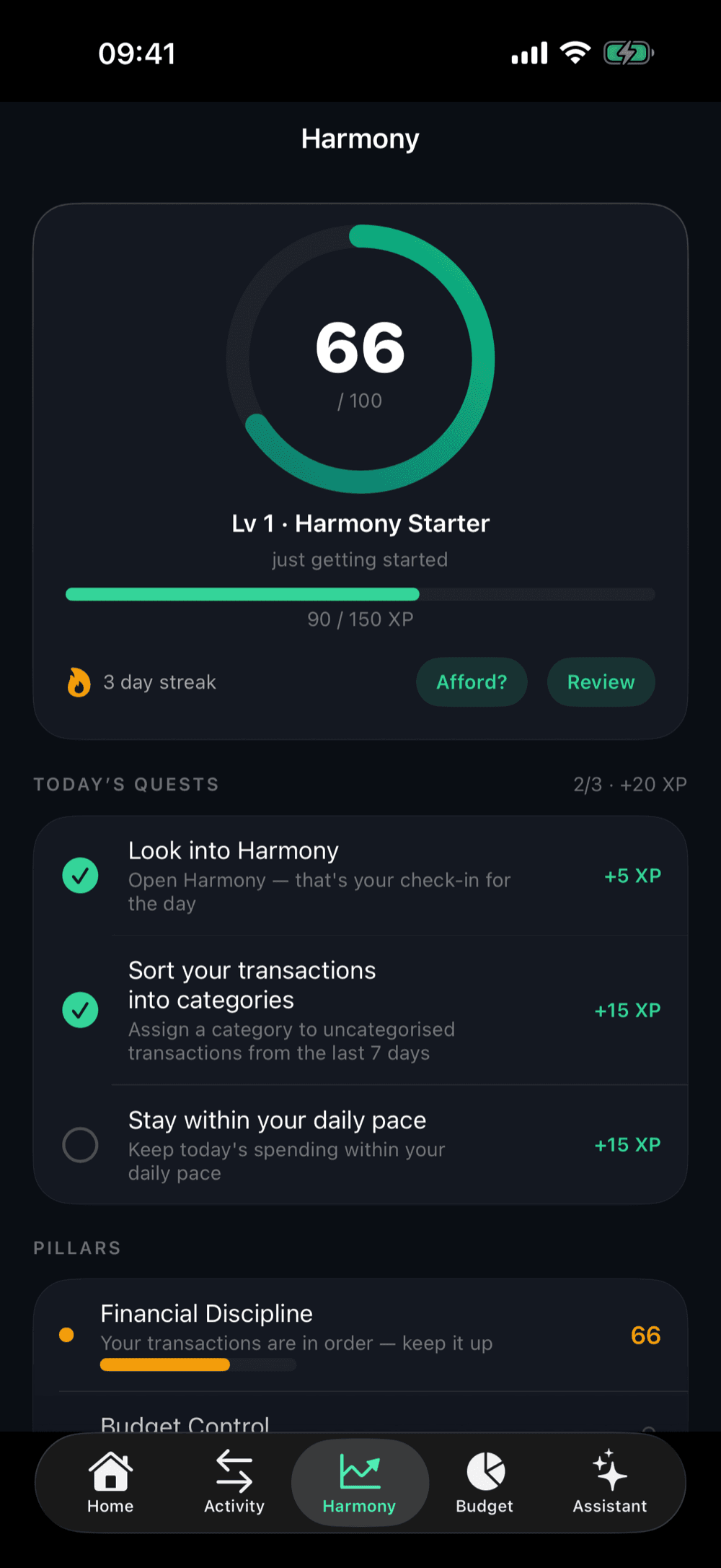 Elixir Harmony Score, daily actions and streak
