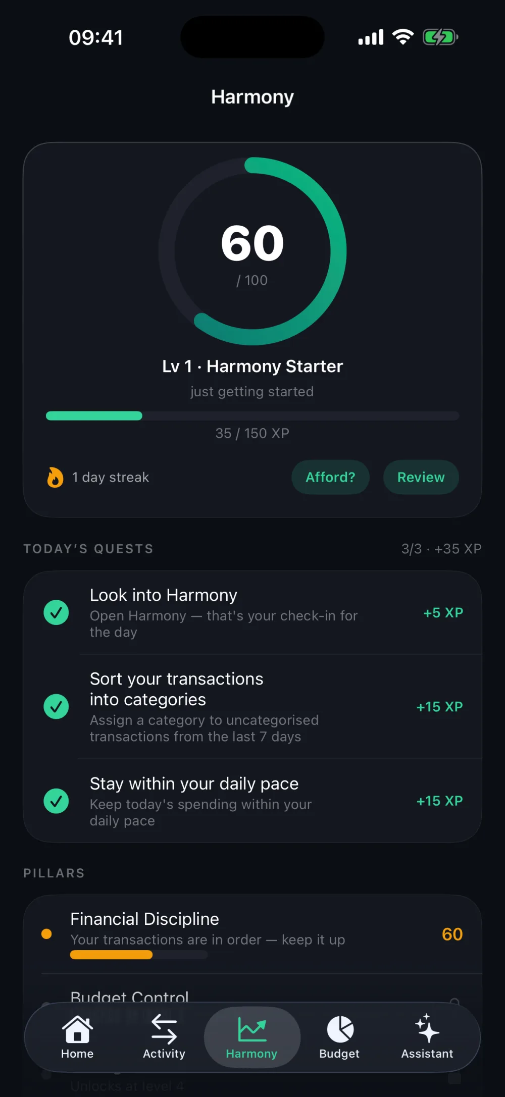 Elixir — Harmony Score, daily quests and pillars