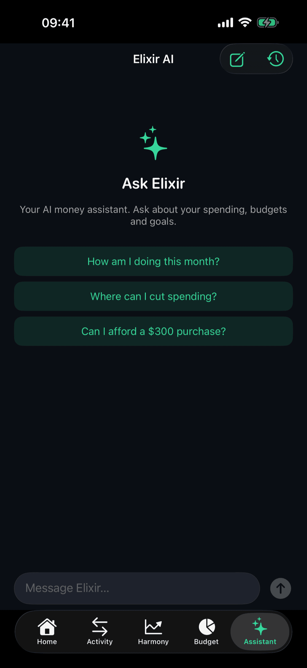 Elixir AI assistant answering from your own transactions